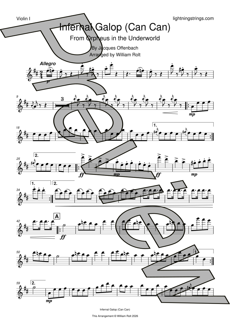 jacques offenbach infernal galop can can string quartet sheet music violin 1 part page 1 preview