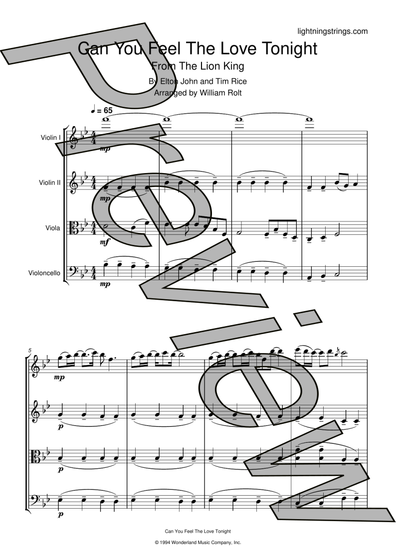 lion king elton john can you feel the love tonight string quartet sheet music full score page 1 preview