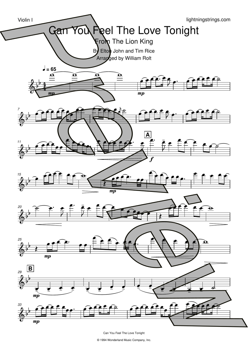 lion king elton john can you feel the love tonight string quartet sheet music violin 1 part page 1 preview