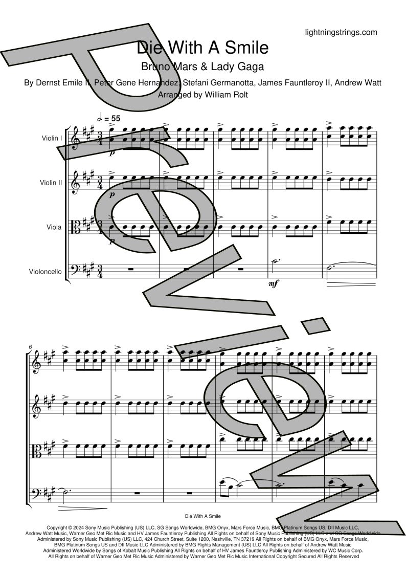 Bruno Mars & Lady Gaga - Die With A Smile - String Quartet Sheet Music