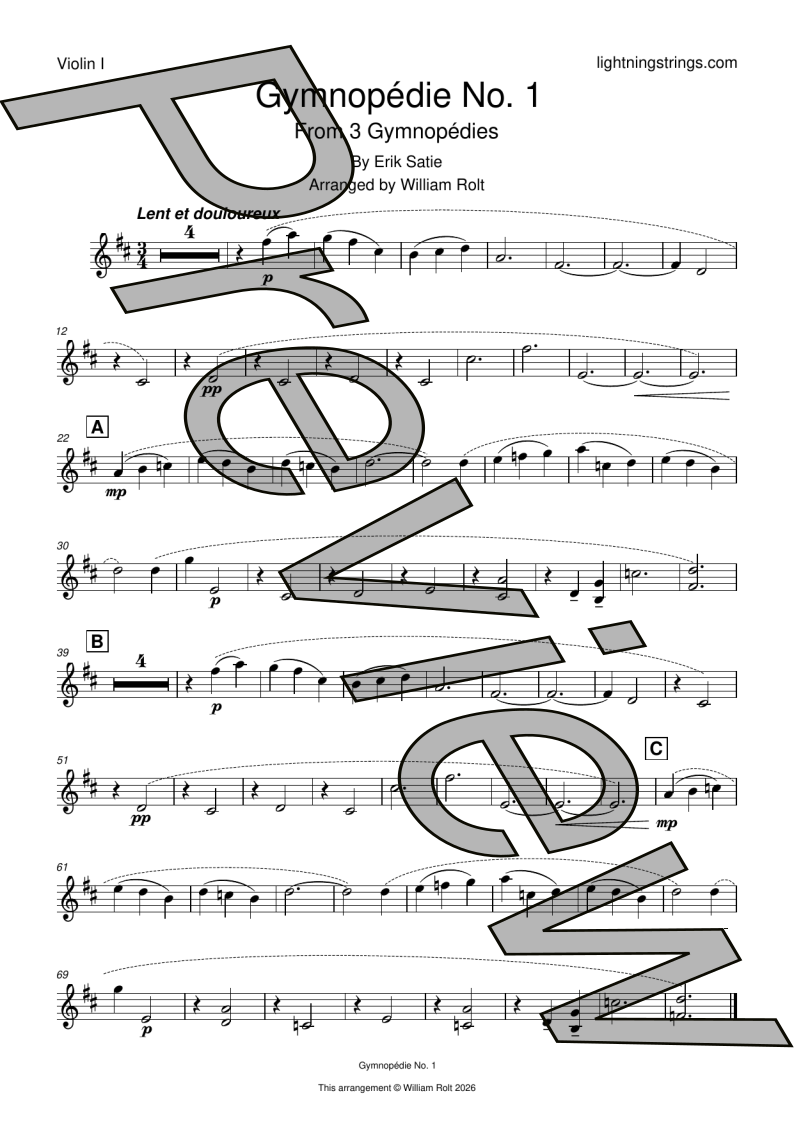 Erik Satie Gymnopedie no 1 string quartet sheet music violin 1 part page 1 preview