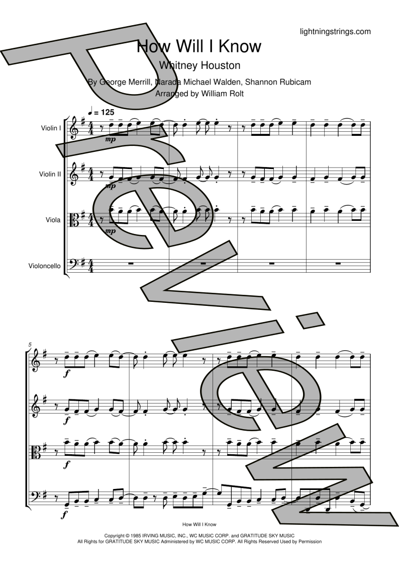 whitney houston how will I know  string quartet sheet music full score page 1 preview