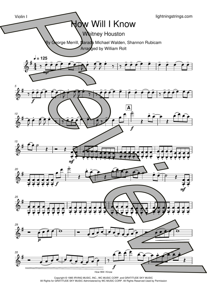 whitney houston how will I know  string quartet sheet music violin 1 part page 1 preview