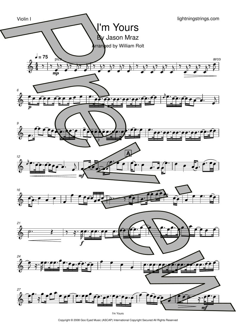 jason mraz i'm yours string quartet sheet music violin 1 part page 1 preview