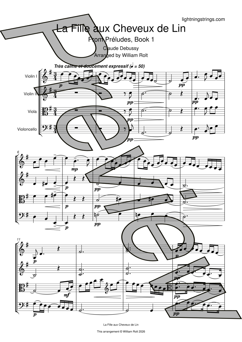 claude debussy la fille aux cheveux de lin string quartet sheet music full score page 1 preview