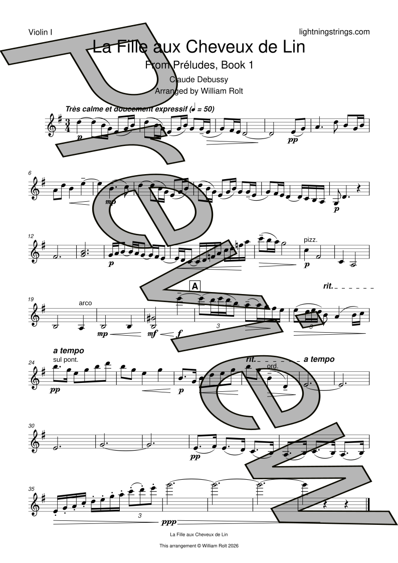 claude debussy la fille aux cheveux de lin string quartet sheet music violin 1 part page 1 preview