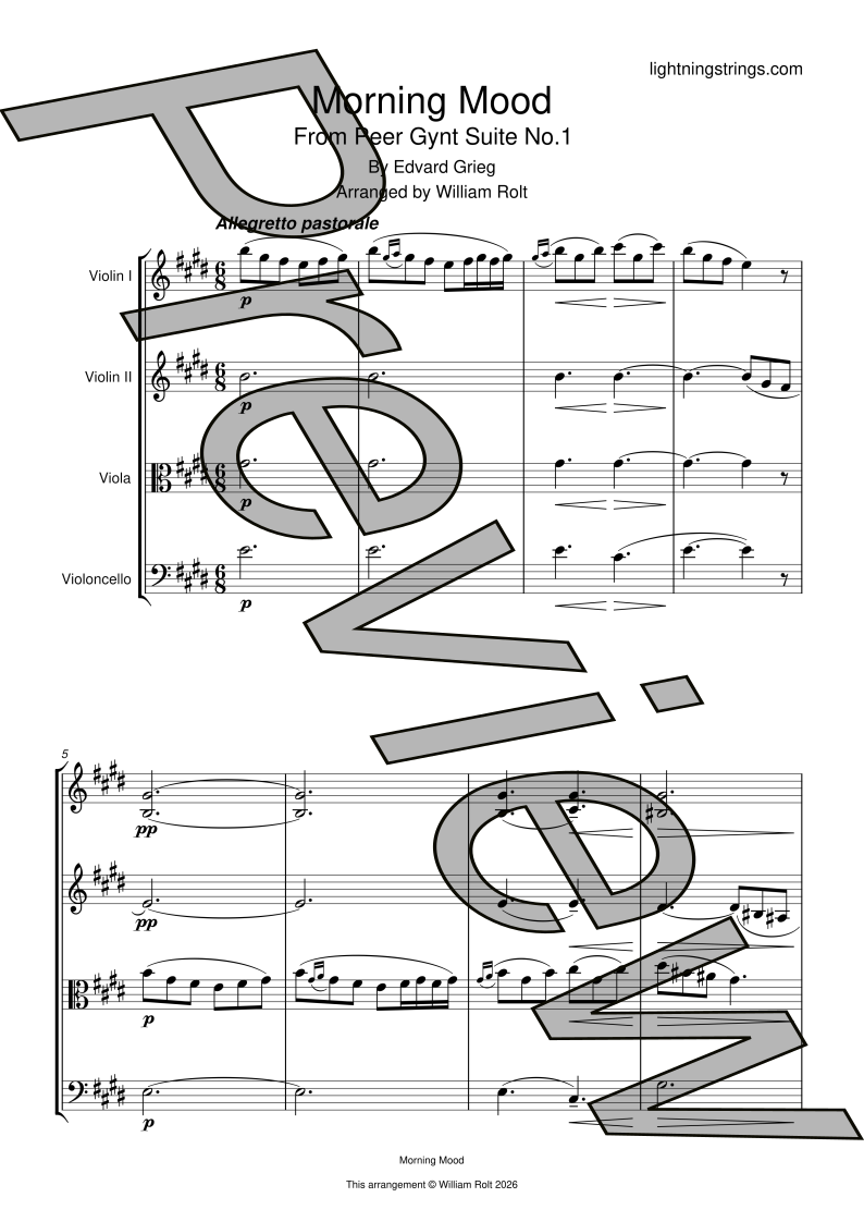 edvard grieg morning mood peer gynt string quartet sheet music full score page 1 preview