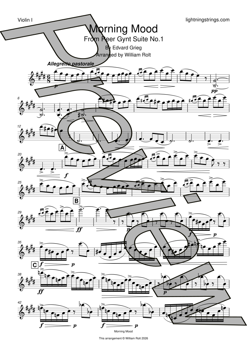 edvard grieg morning mood peer gynt suite string quartet sheet music violin 1 part page 1 preview