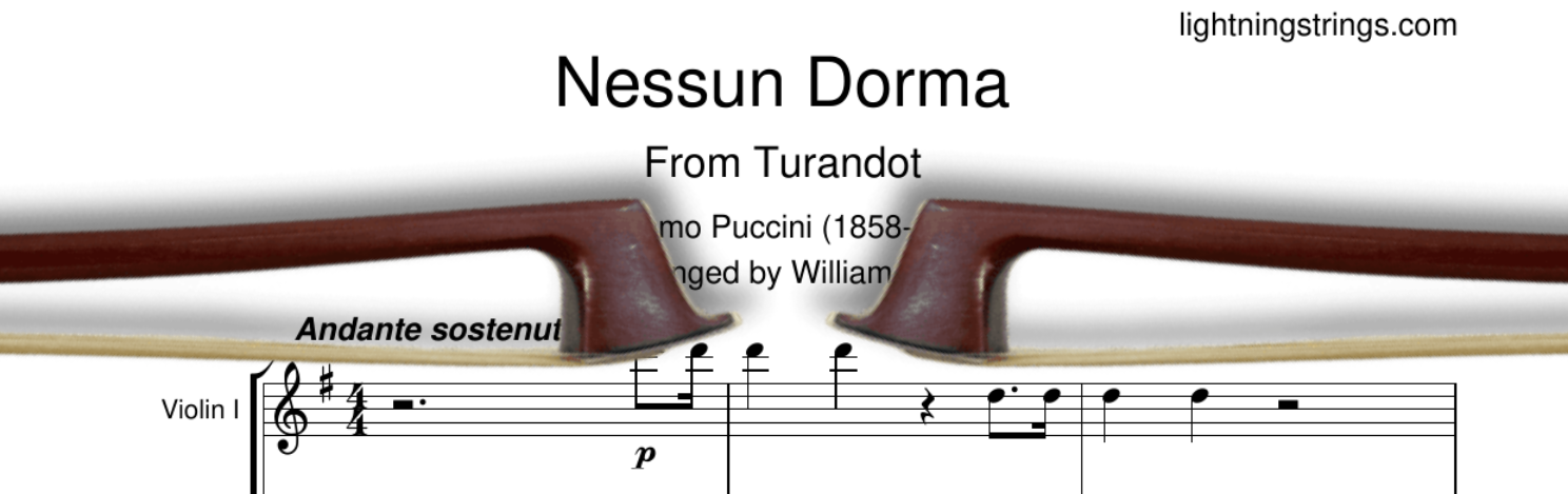 puccini nessun dorma free string quartet sheet music full score page 1 preview  with bow image overlay for landing page