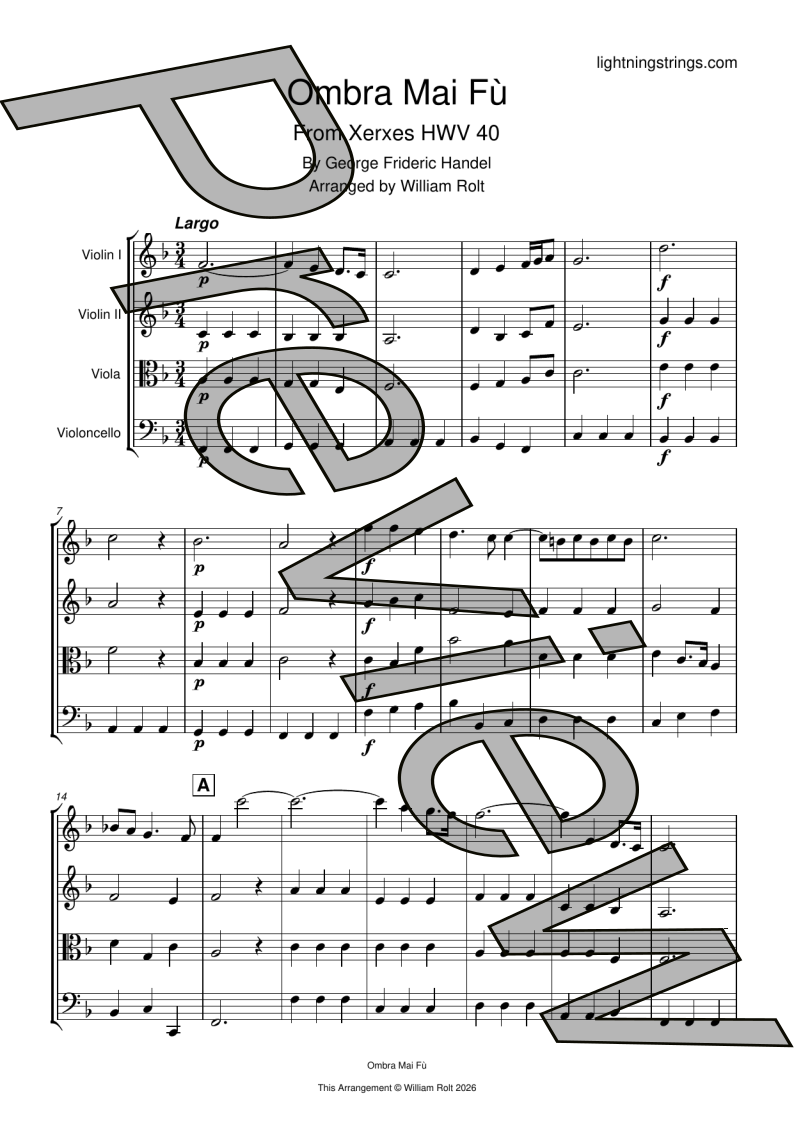 handel ombra mai fu string quartet sheet music full score page 1 preview