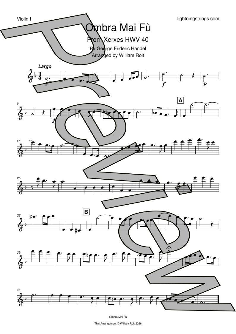 handel ombra mai fu string quartet sheet music violin 1 part page 1 preview