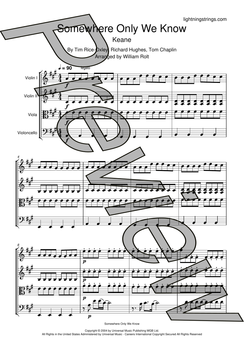keane somewhere only we know string quartet sheet music full score page 1 preview
