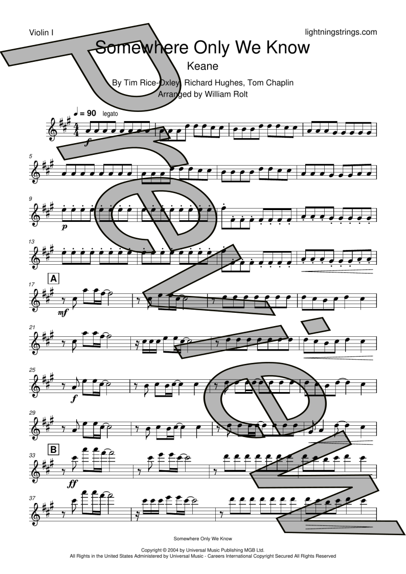 keane somewhere only we know string quartet sheet music violin 1 part page 1 preview