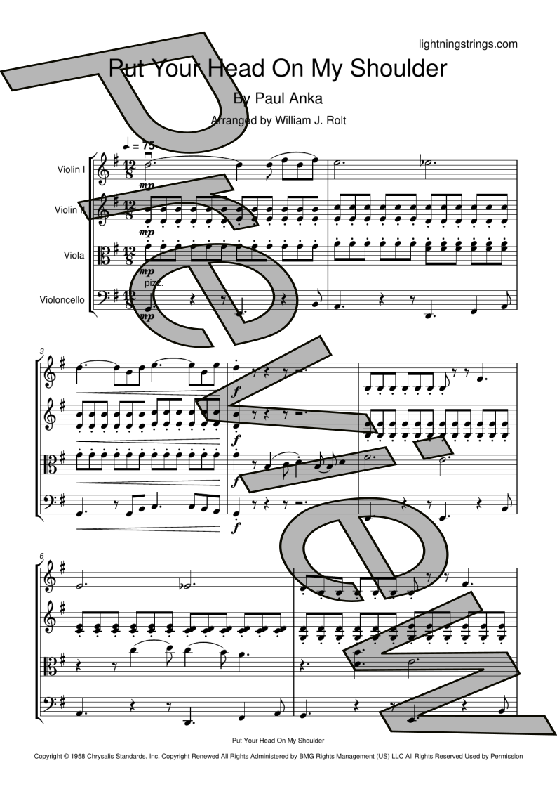 paul anka put your head on my shoulder string quartet sheet music full score page 1 preview