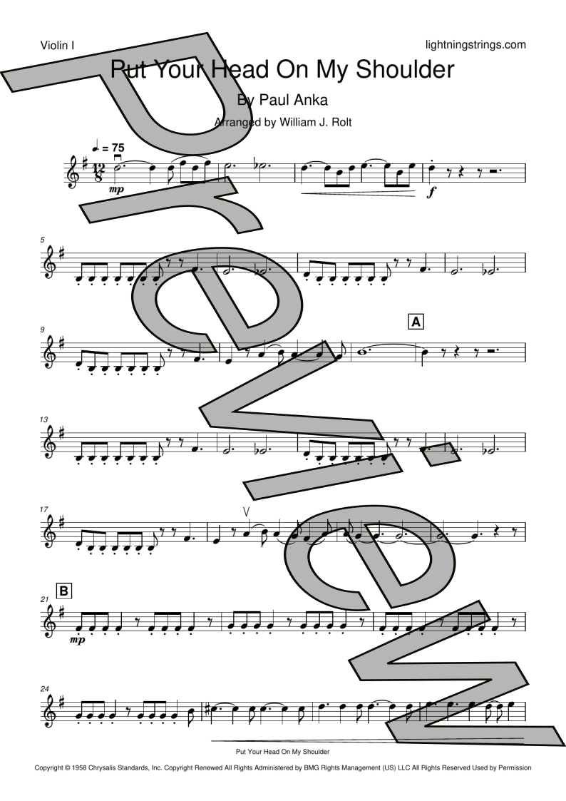 paul anka put your head on my shoulder string quartet sheet music violin 1 part page 1 preview