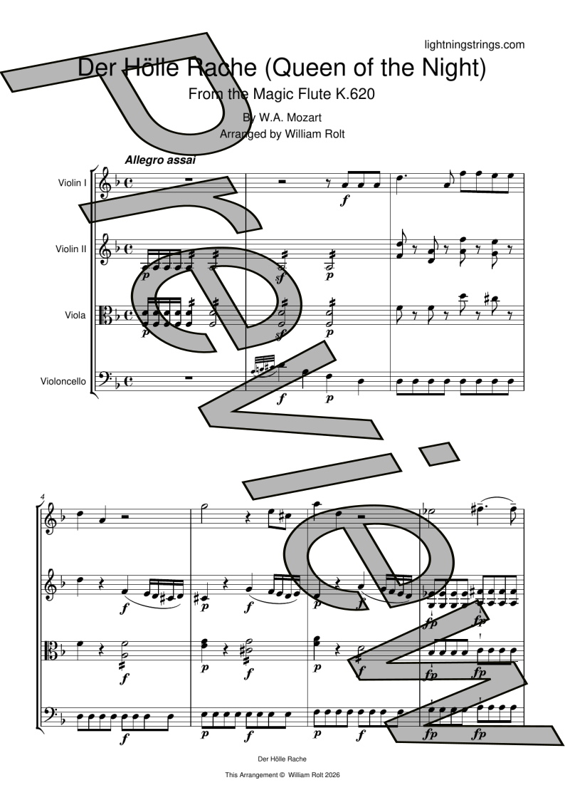 mozart der holle rache queen of the night string quartet sheet music full score page 1 preview