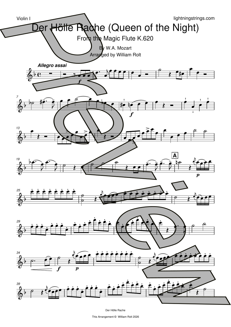 mozart der holle rache queen of the night string quartet sheet music violin 1 part page 1 preview