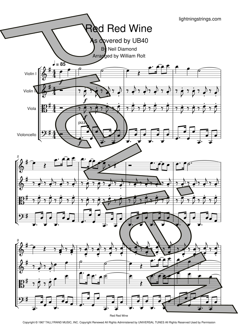 neil diamond ub40 red red wine string quartet sheet music full score page 1 preview
