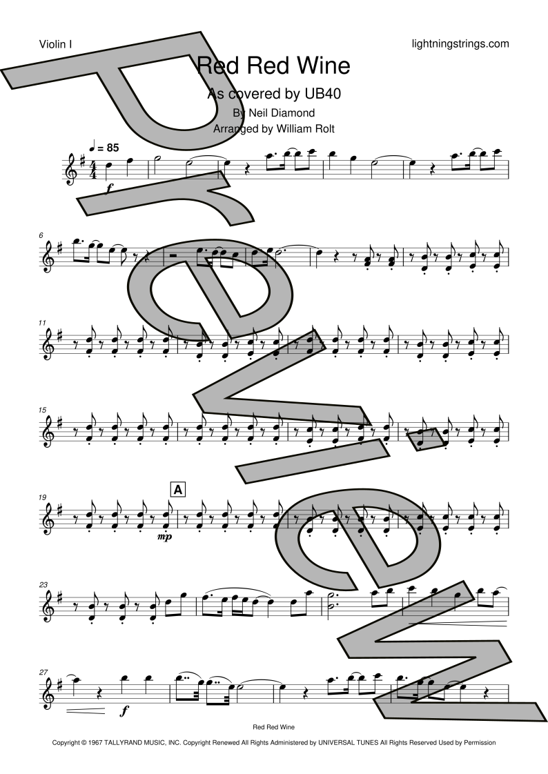 neil diamond ub40 red red wine string quartet sheet music violin 1 part page 1 preview