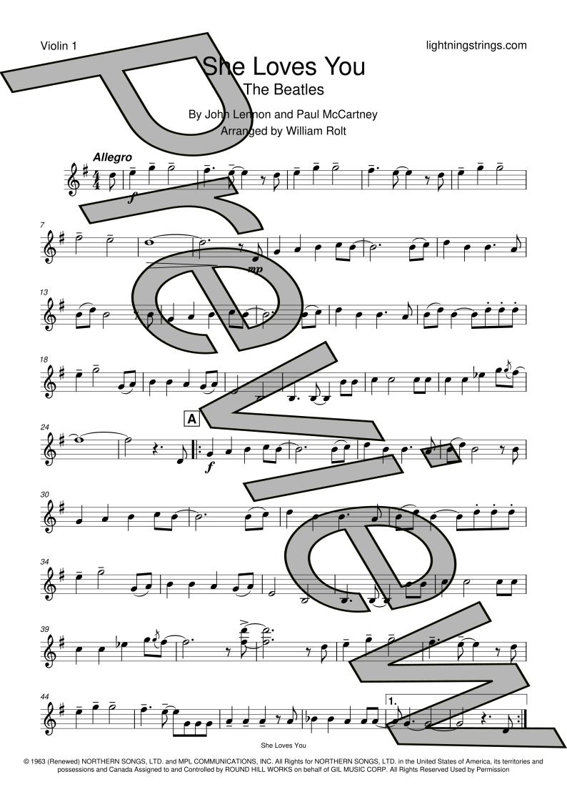 the beatles she loves you string quartet sheet music violin 1 part page 1 preview