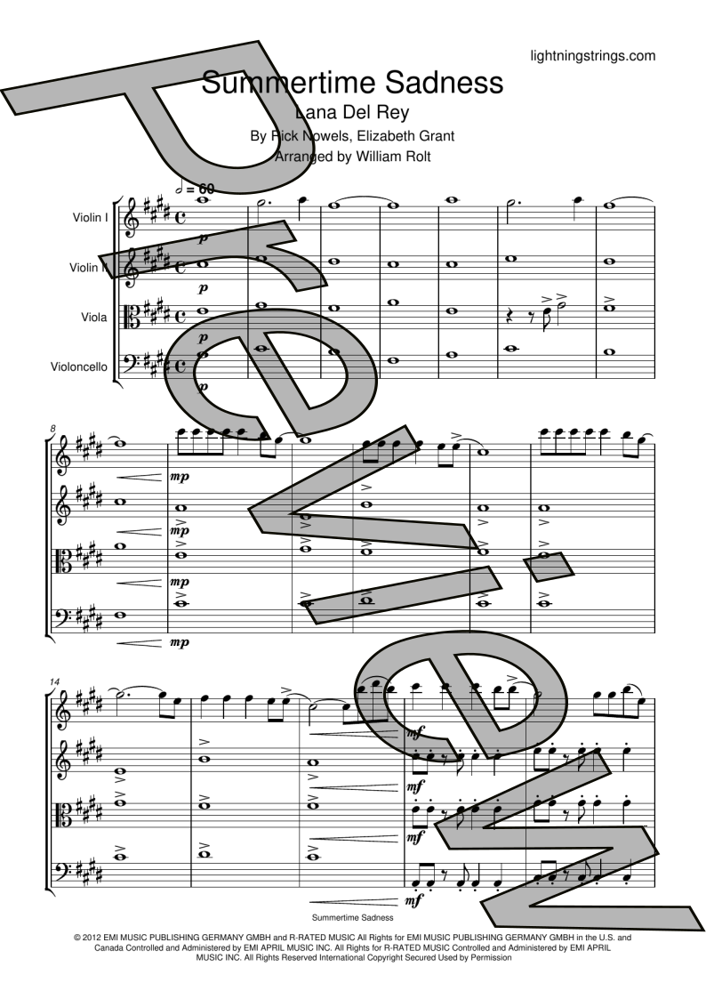 lana del rey summertime sadness string quartet sheet music full score page 1 preview