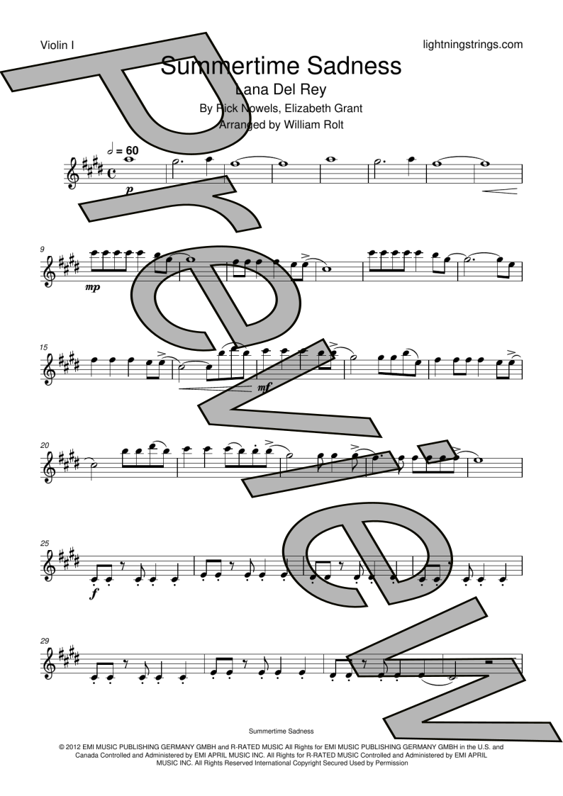 lana del rey summertime sadness string quartet sheet music violin 1 part page 1 preview